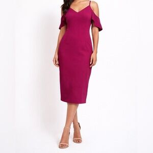 Vesper Elegant Off-the-Shoulder Spaghetti Strap Midi Dress Magenta Pink Size 14